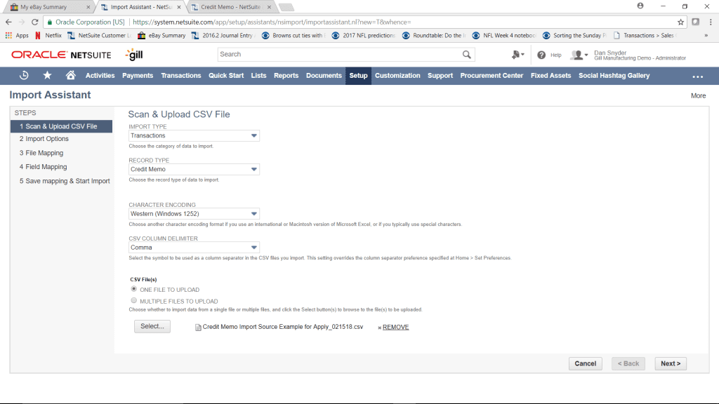 how to import credit memo in NetSuite