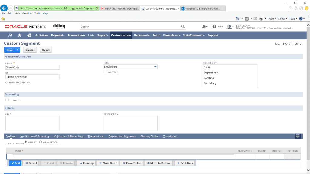 custom segments in netsuite