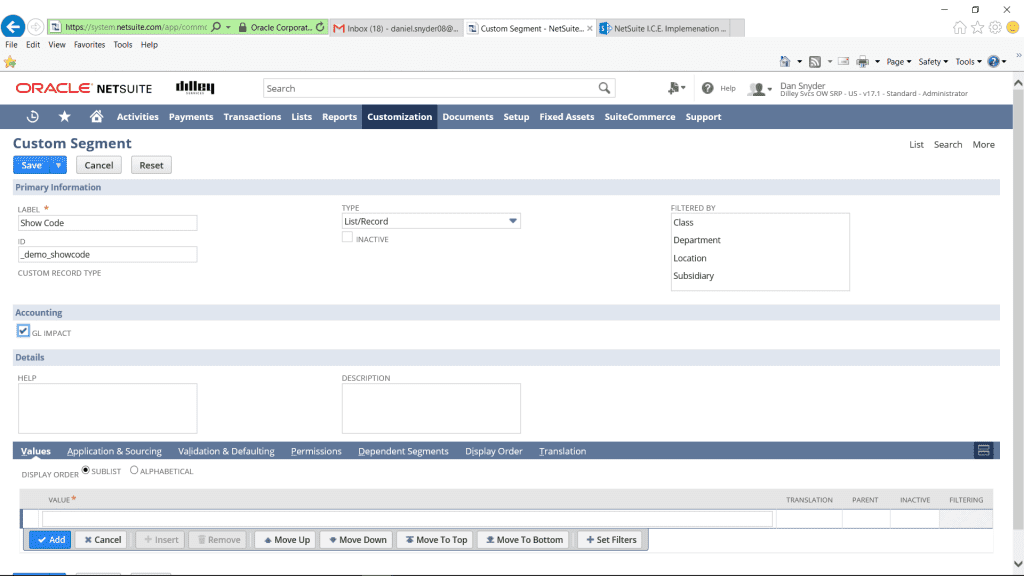 custom segments in netsuite