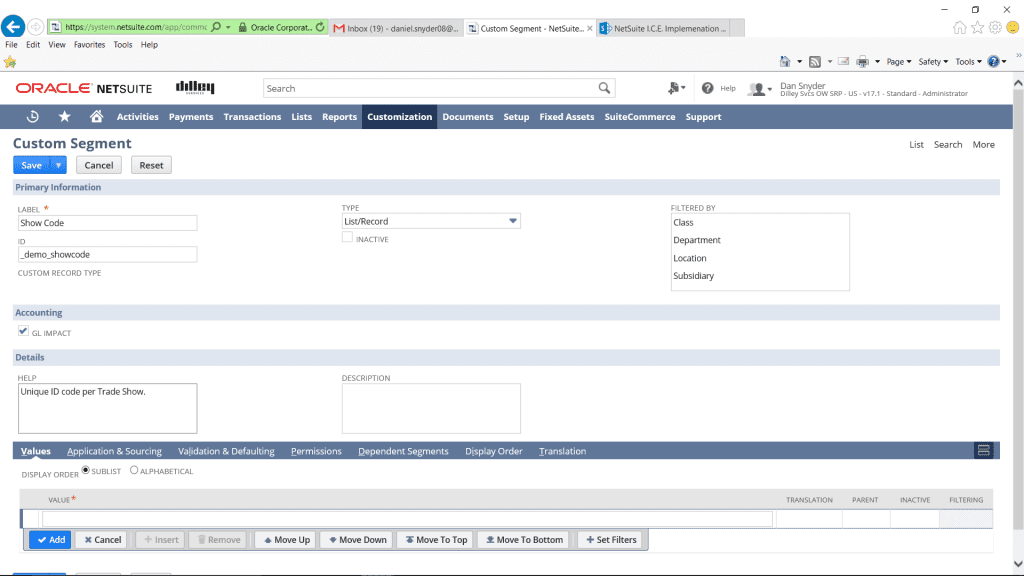 custom segments in netsuite