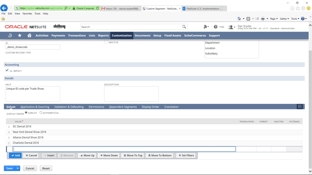 custom segments in netsuite