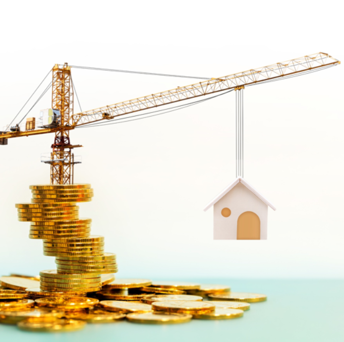 crane made of coins lifting a model house