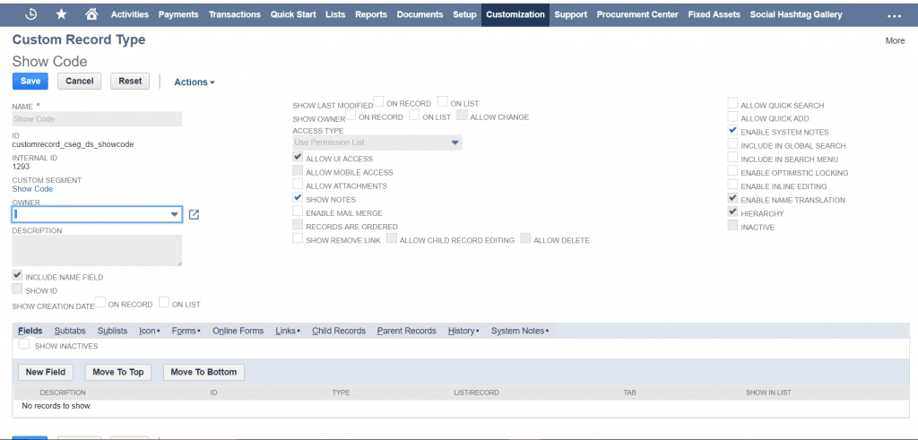 NetSuite Custom Record