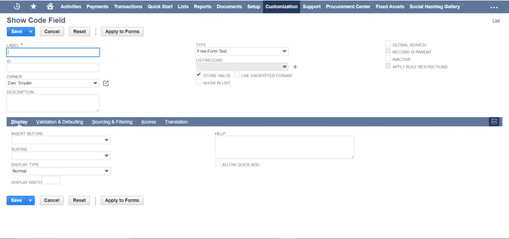 NetSuite Custom Record