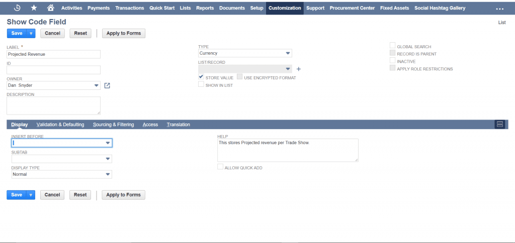 NetSuite Custom Record