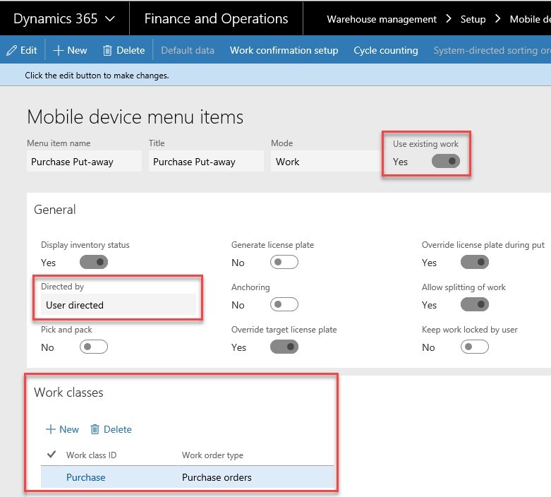 how to correct Dynamics 365 Purchase Order Receipts - mobile device menu 