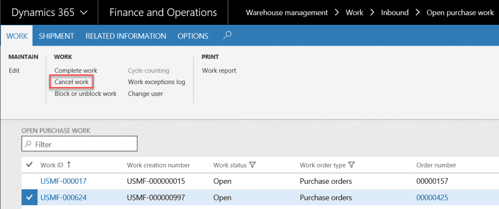 how to correct Dynamics 365 Purchase Order Receipts - cancel work tab