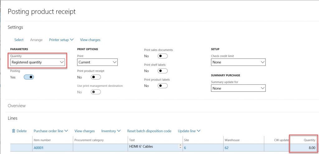 how to correct Dynamics 365 Purchase Order Receipts - posting product receipt window