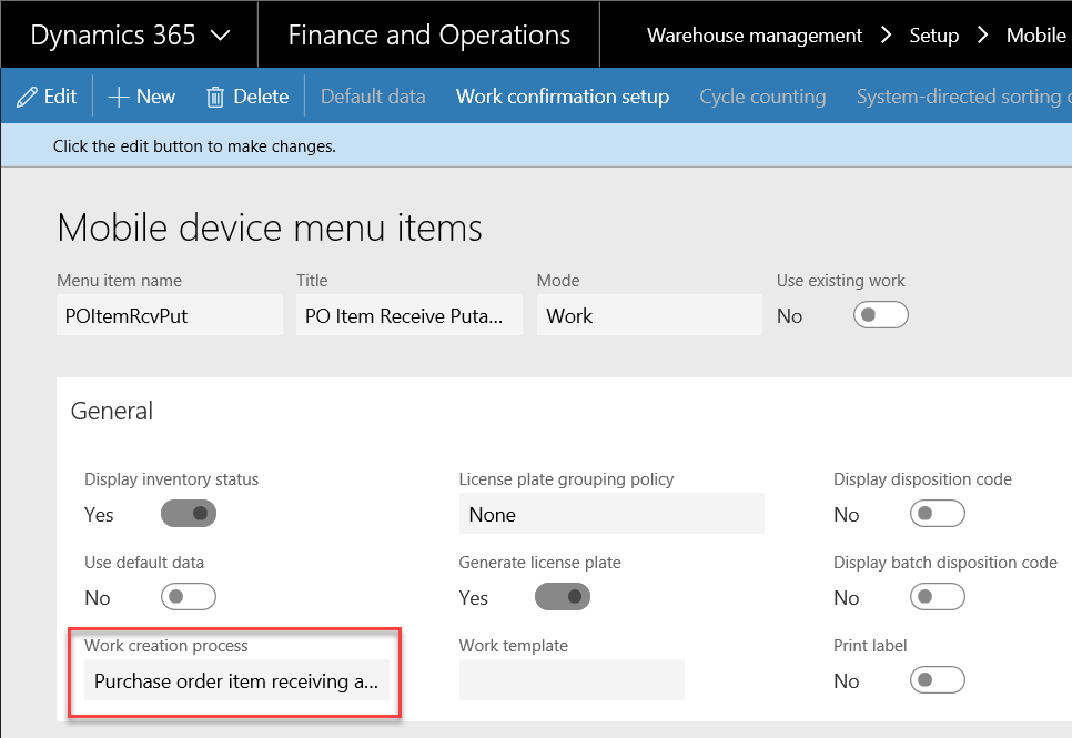 how to correct Dynamics 365 Purchase Order Receipts - mobile device menu