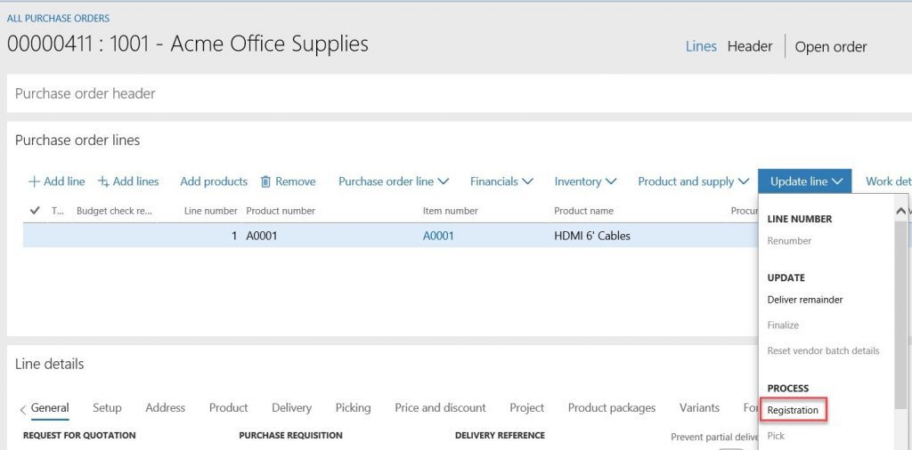 how to correct Dynamics 365 Purchase Order Receipts - purchase order header