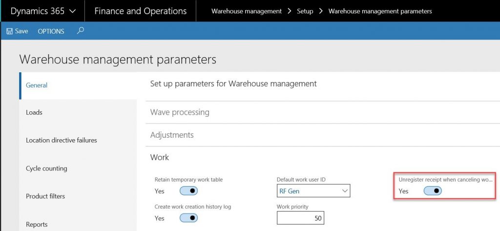 how to correct Dynamics 365 Purchase Order Receipts - warehouse management parameters window