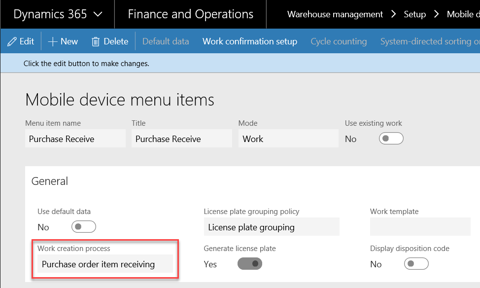 how to correct Dynamics 365 Purchase Order Receipts - mobile device menu window
