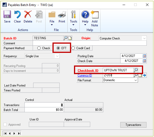 Dynamics GP EFT Payments