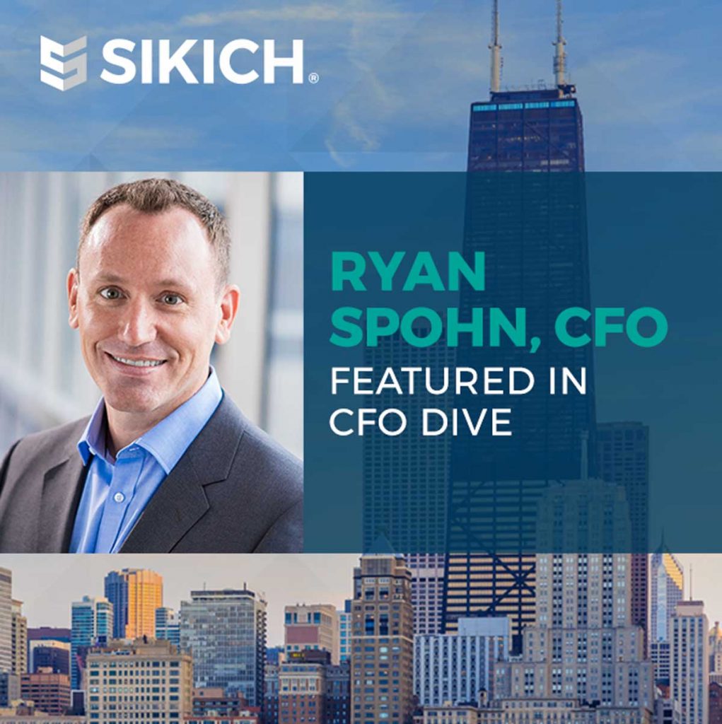 the headshot image of the firm's CFO on top of a Chicago skyline background