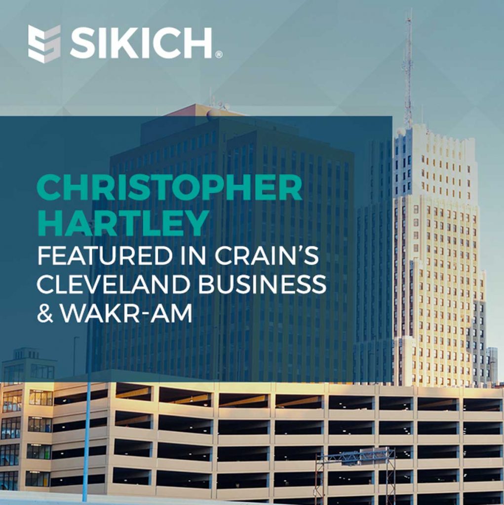 the text reads Chris Hartley featured in Crain's Cleveland Business and WAKR-AM with a backdrop image of an Akron building