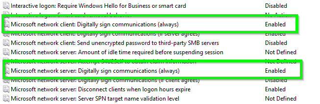 enabling SMB2 signing