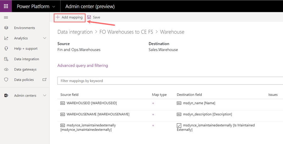 Add mapping to Warehouse task