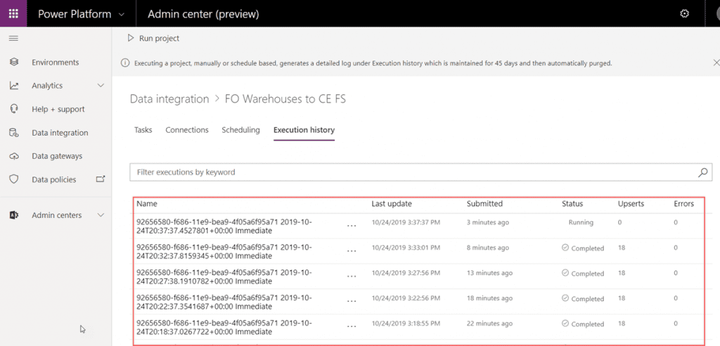 Execution History of data integration