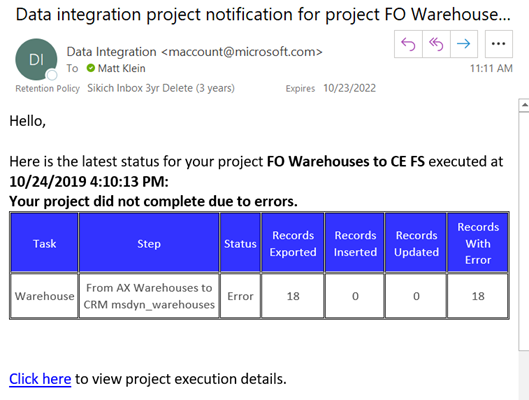 error message for failed scheduled execution