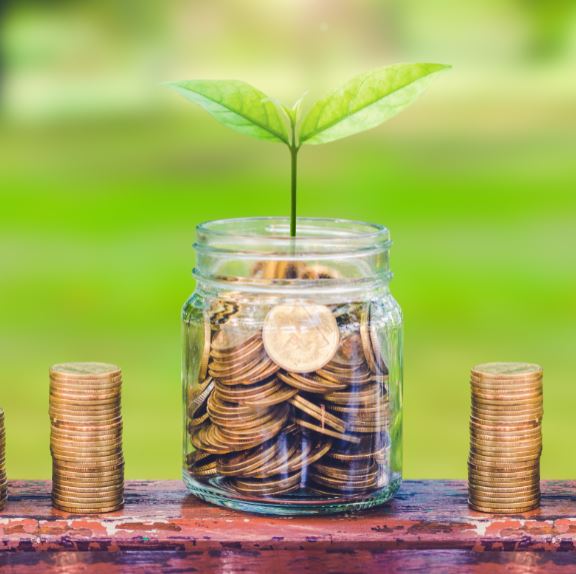 green plant growing on coin in glass jar and coin stack on wood table in park with blur nature background