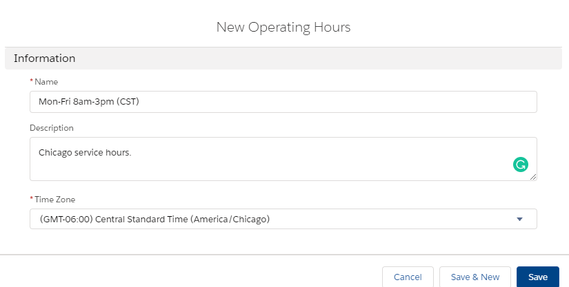 Field Service Lightning operating hours