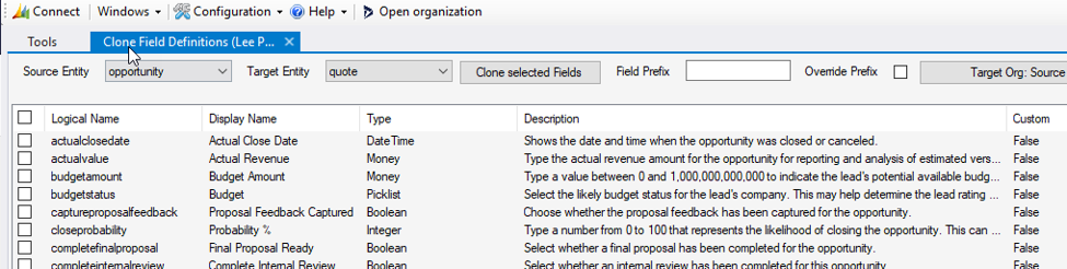 close selected fields menu item for Clone Field Definitions