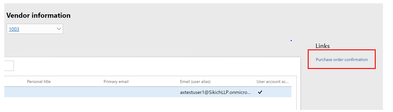 vendor information workspace with purchase order confirmation link