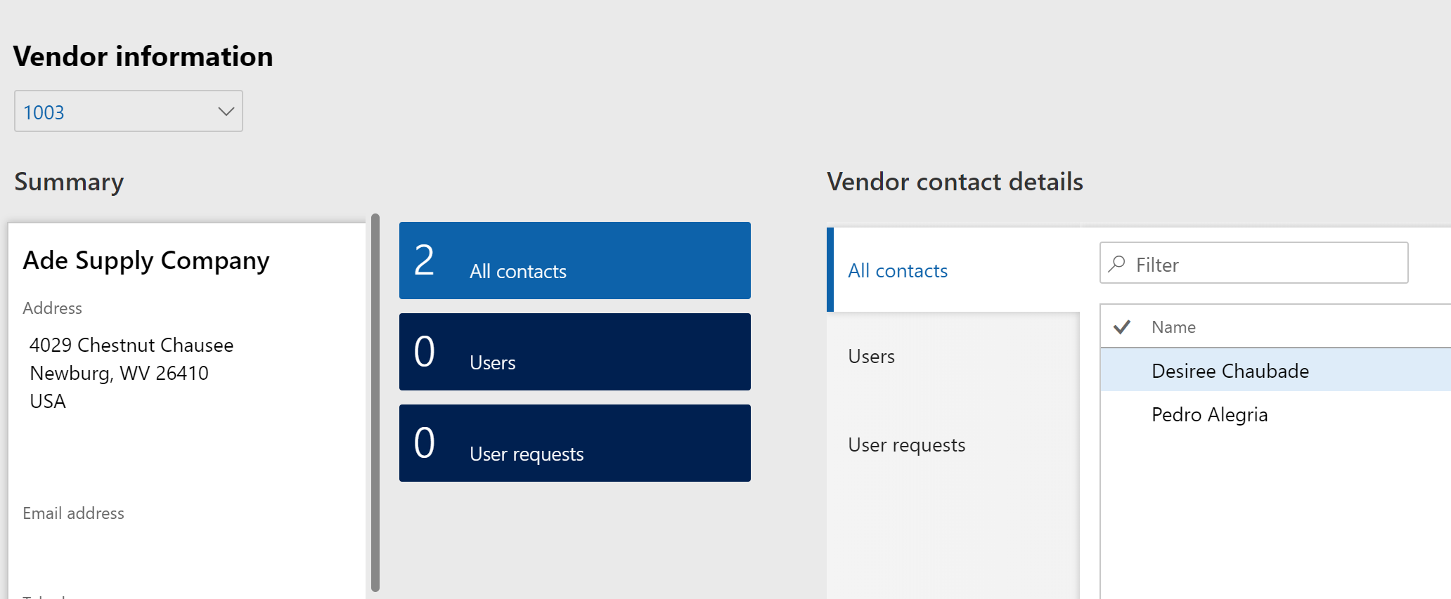 new contacts in vendor information workspace