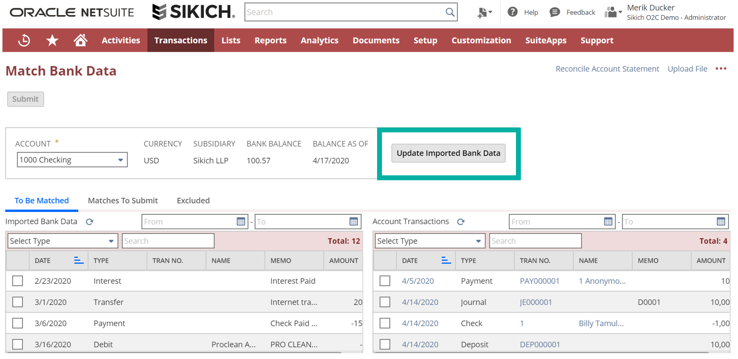 update imported bank data