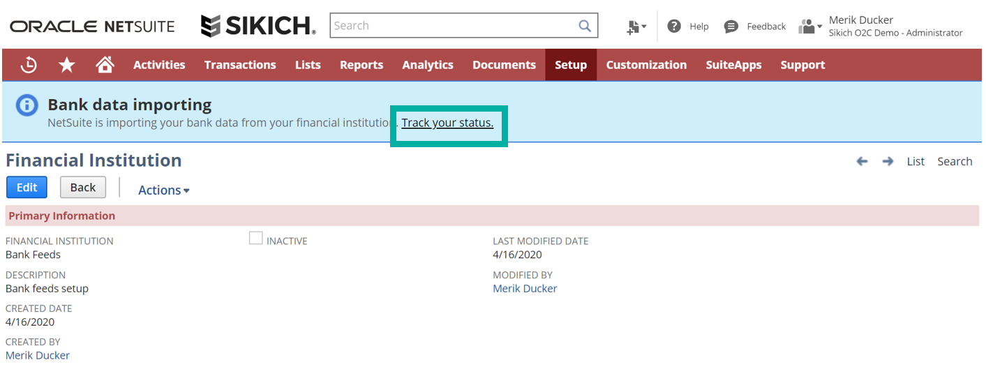 status tracking in Bank Feeds SuiteApp