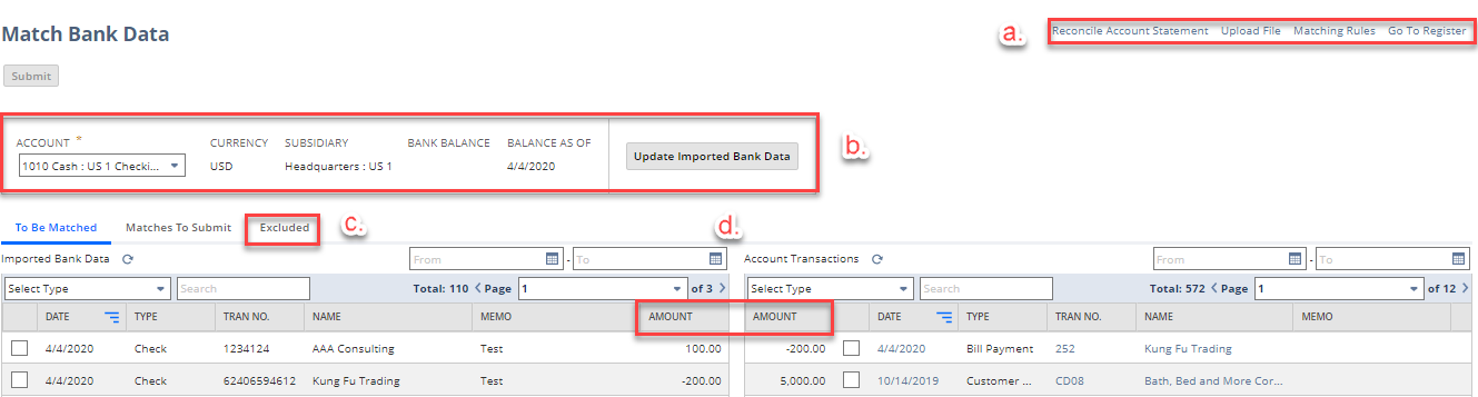 Match Bank data page