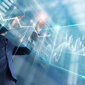 Businessman touching finance growth and graph chart analysing diagram sale data, stock market and currency exchange on virtual interface.
