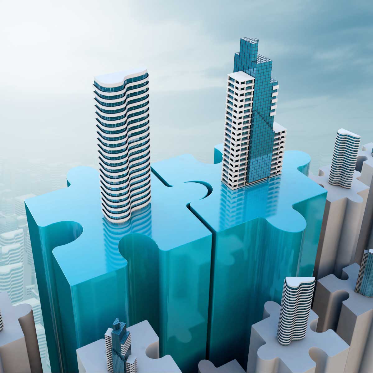 buildings connecting in a puzzle peace-merger and acquisition concept