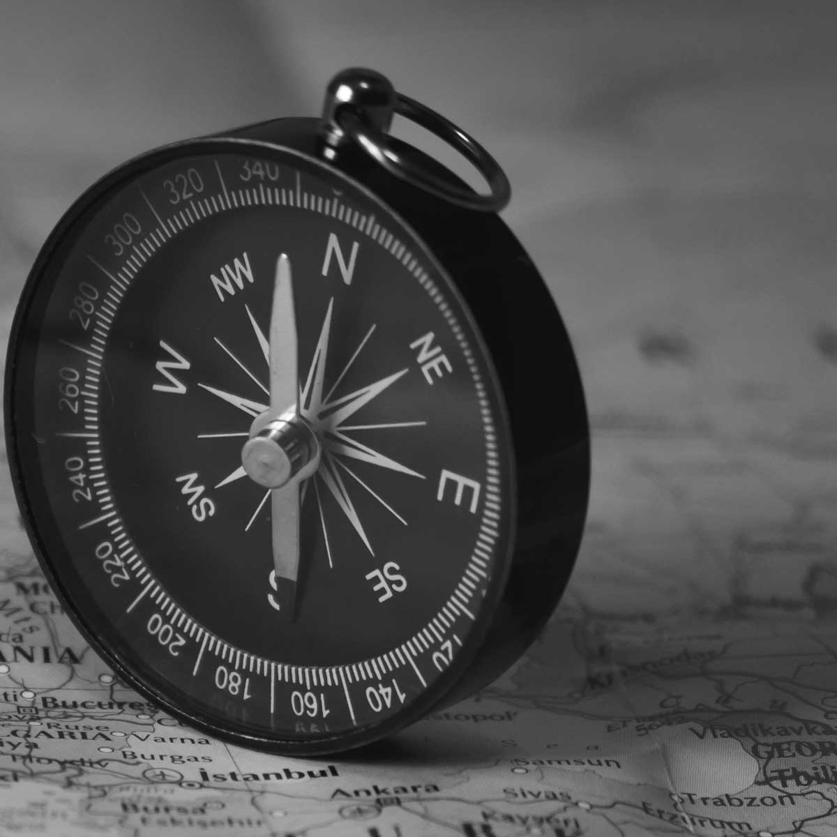 compass on a black and white tourist map. Focus on the compass needle
