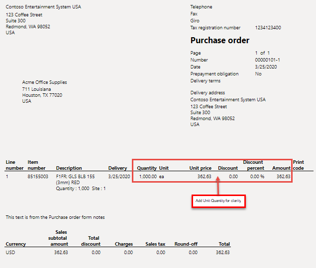 unit price display on purchase order