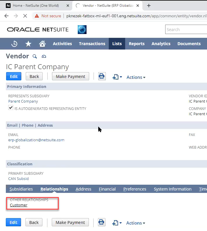 NetSuite intercompany parent company