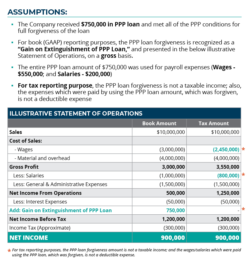 Graphic of a chart defining an example of PPP Reporting Period Net Income Management and Tax Considerations