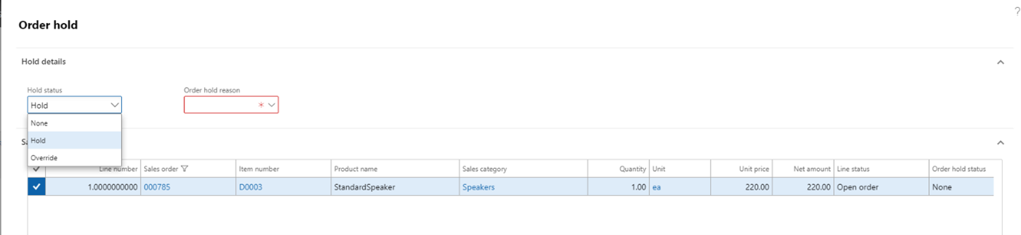 selecting D365FO order hold status