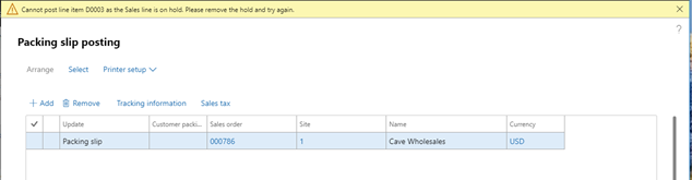 packing slip posting in a D365FO credit hold