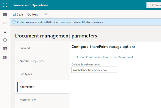 "Unable to communicate with the SharePoint server" error