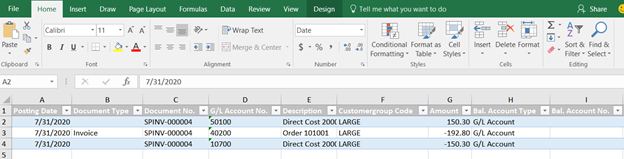 opening Business Central dimensions in Excel