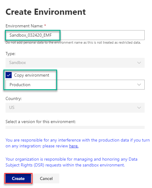 copy environment for Sandbox