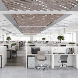 office open floor plan with desks and chairs; empty of workers