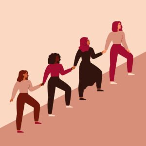 Women can do it. Four female characters walk up together and hold arms. Girls support each other. Friendship poster, the union of feminists and sisterhood. Vector illustration