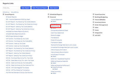 NetSuite balance sheet report