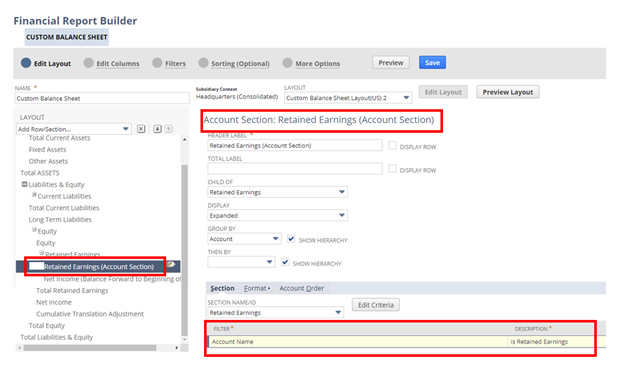 NetSuite retained earnings in financial report builder