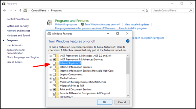 turn off IE as feature in Windows 10