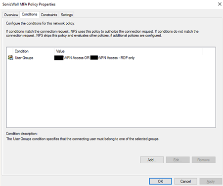 SonicWall MFA policy properties conditions