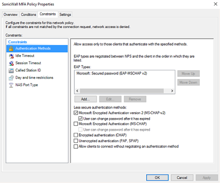 SonicWall MFA policy properties constraints