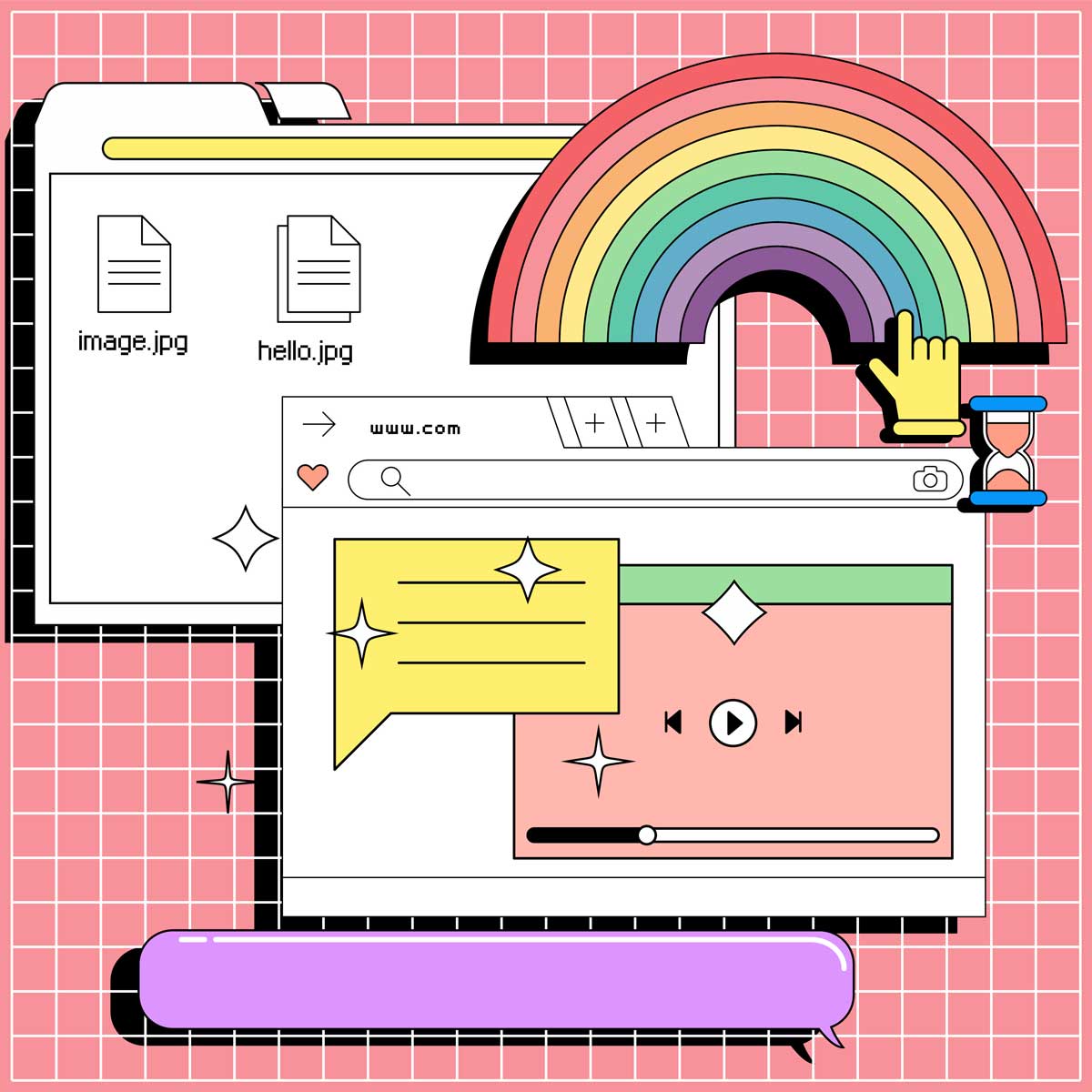 Collage of user interface elements and rainbow symbol, Vaporwave aesthetics of the 90s